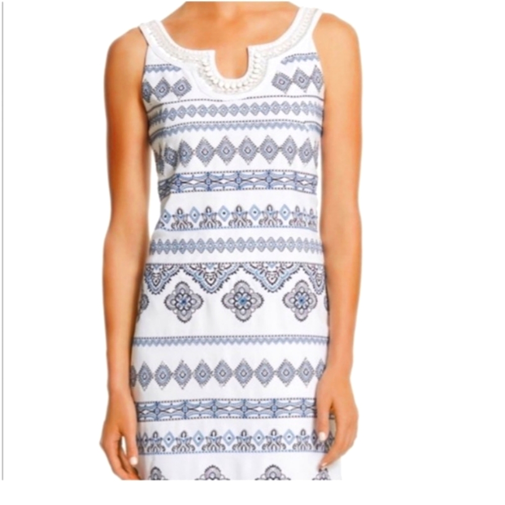 White House Black Market Embroidered & Beaded Blue & White Shift Dress - Sz 0